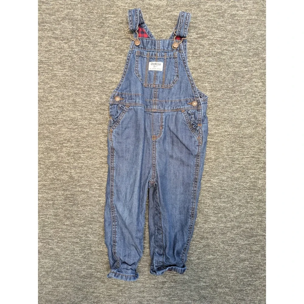 OshKosh B'gosh Denim Overalls Kid's‎ 24M Blue Plaid Lined Adjustable Straps